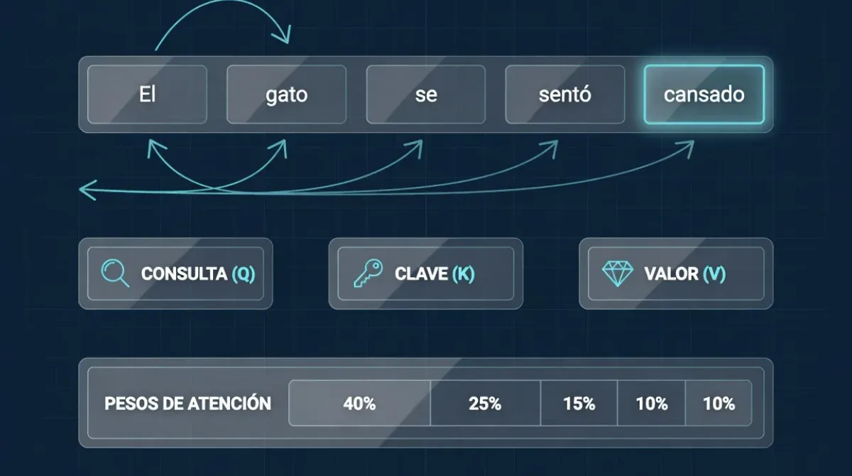 Diagrama del mecanismo de self-attention mostrando query, key y value y los pesos de atención entre tokens