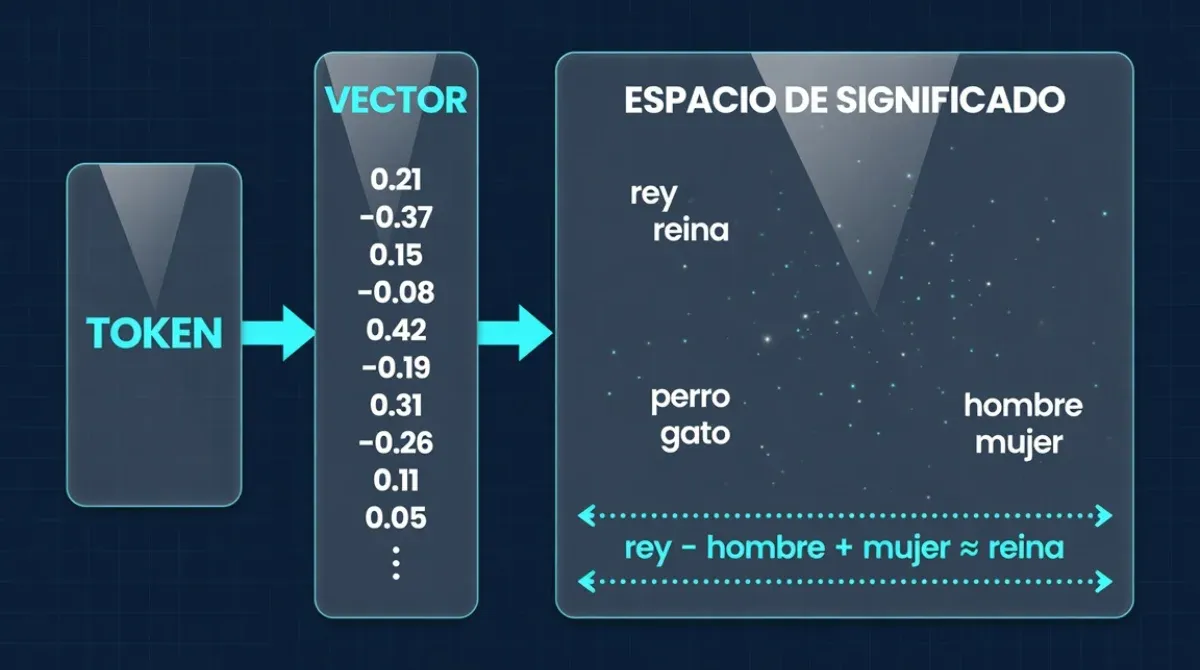 Representación de tokens como vectores en un espacio de muchas dimensiones donde la cercanía indica similitud de significado