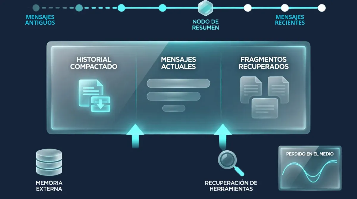 Diagrama de la ingeniería de contexto: historial compactado, mensajes actuales y fragmentos recuperados dentro de la ventana de contexto, con memoria externa y recuperación por herramienta