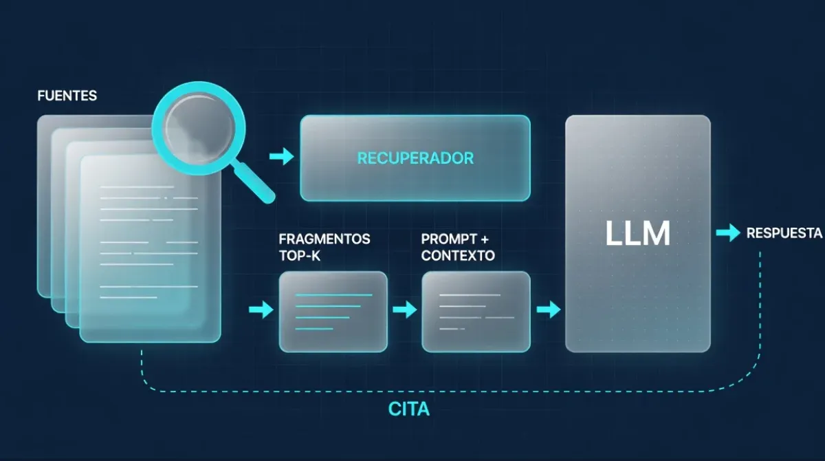 Diagrama del sistema RAG: fuentes, recuperador, fragmentos top-k, prompt aumentado, LLM y respuesta con citación