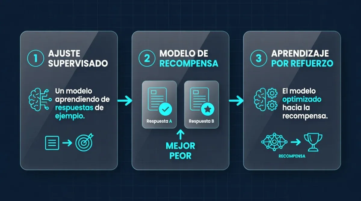 Proceso de RLHF con las tres etapas: demostraciones supervisadas, modelo de recompensa a partir de preferencias humanas y aprendizaje por refuerzo
